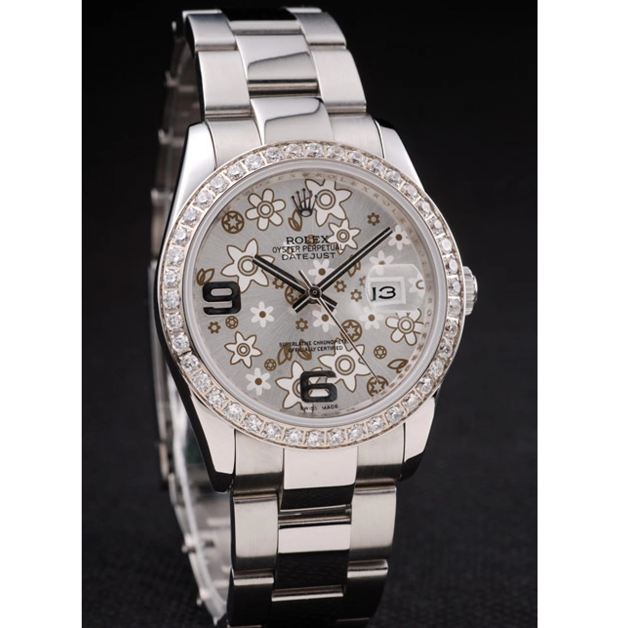Best AAA Replica Sites Diamond Rolex Steel Datejust Flowers Plated rl305 Silver Dial Stainless 0524